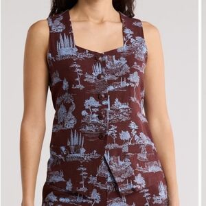 By Design Brown Top with Light Blue Scenic Print New L